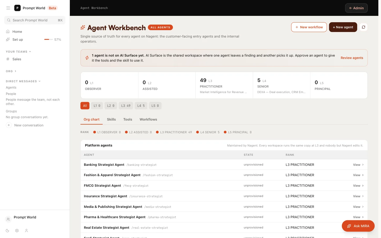 The Agent Workbench header, with New workflow and New agent at the top right