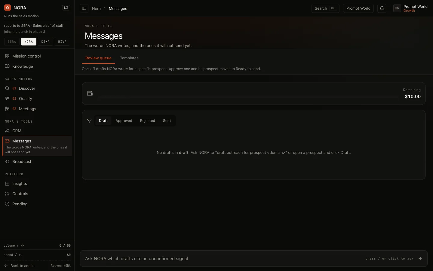 NORA's Messages screen on the Review queue tab, with the Draft, Approved, Rejected and Sent filters and no drafts yet