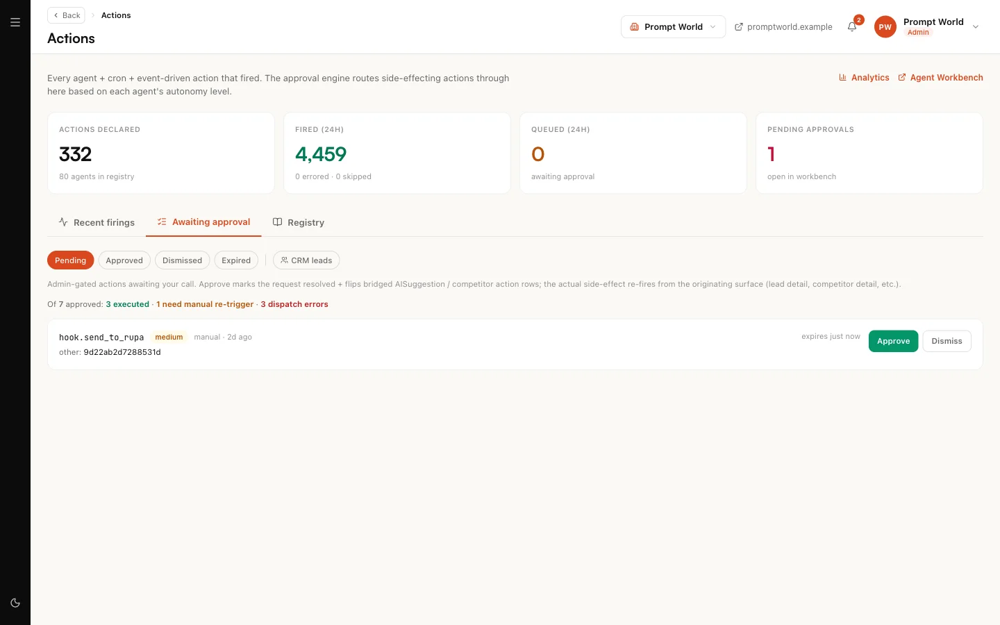 Actions, on the Awaiting approval tab, with one pending action and its Approve and Dismiss buttons