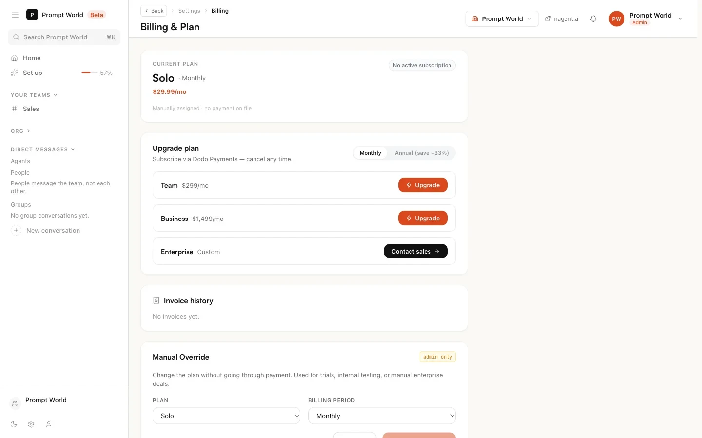 Billing and Plan: the current plan card, the upgrade options with the monthly and annual switch, and invoice history