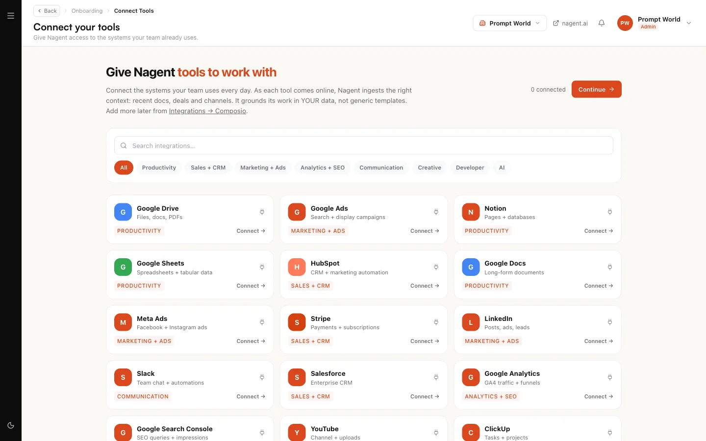 Connect your tools, with a search box, category filters and a grid of tools each offering Connect