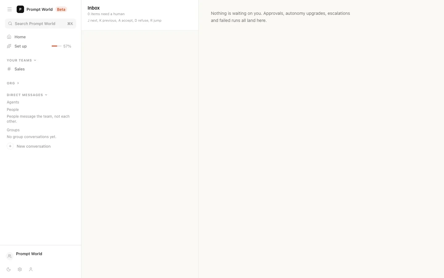 The Inbox with nothing waiting, where autonomy upgrades land alongside approvals, escalations and failed runs