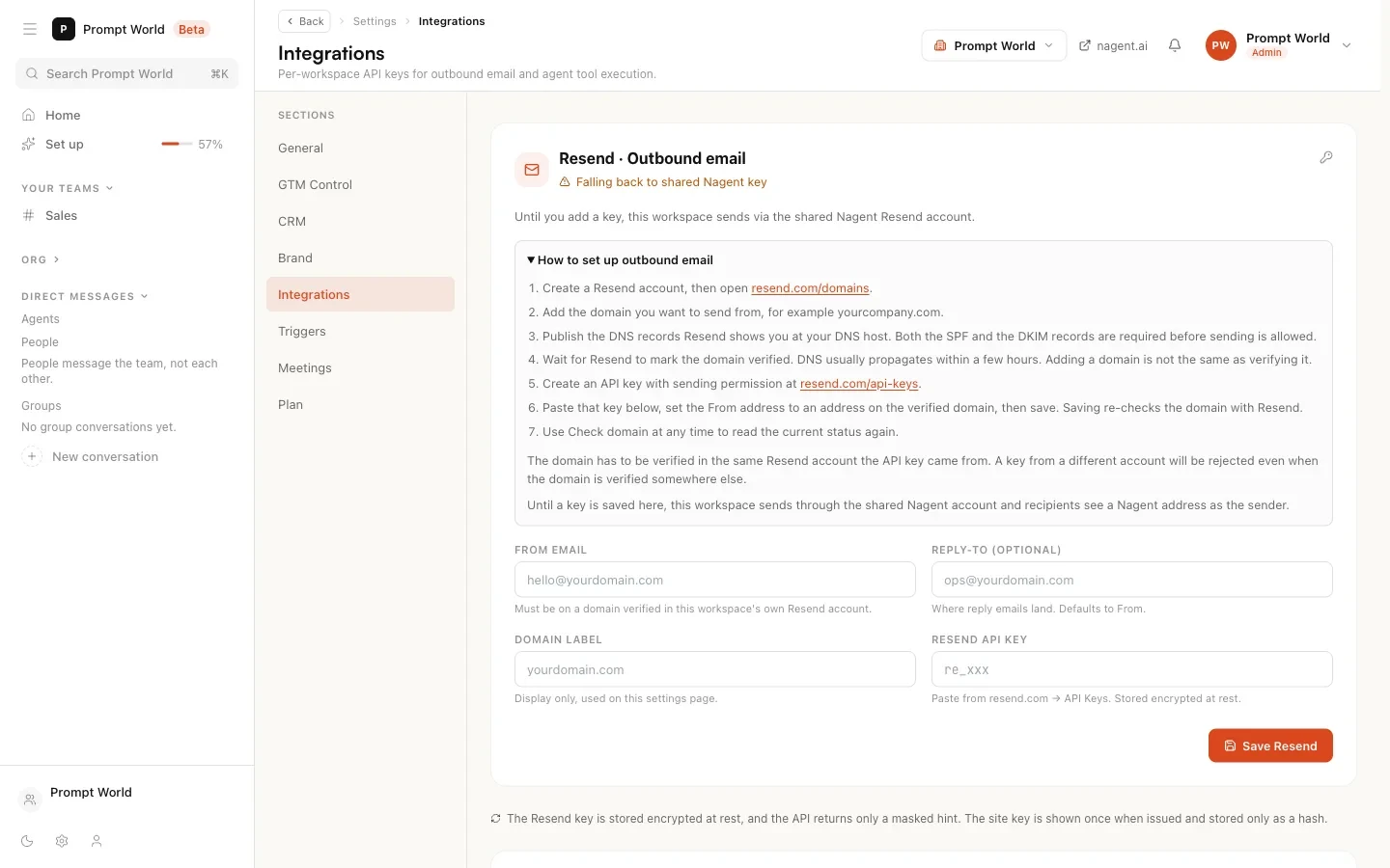 Settings, Integrations, with the outbound email card and the site connection card