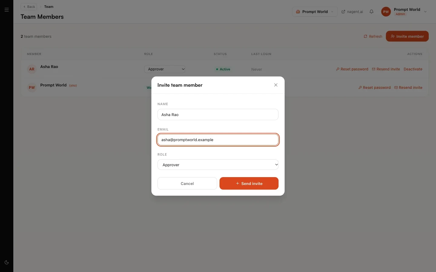The Invite team member dialog filled in with a name, a work e-mail and the Approver role