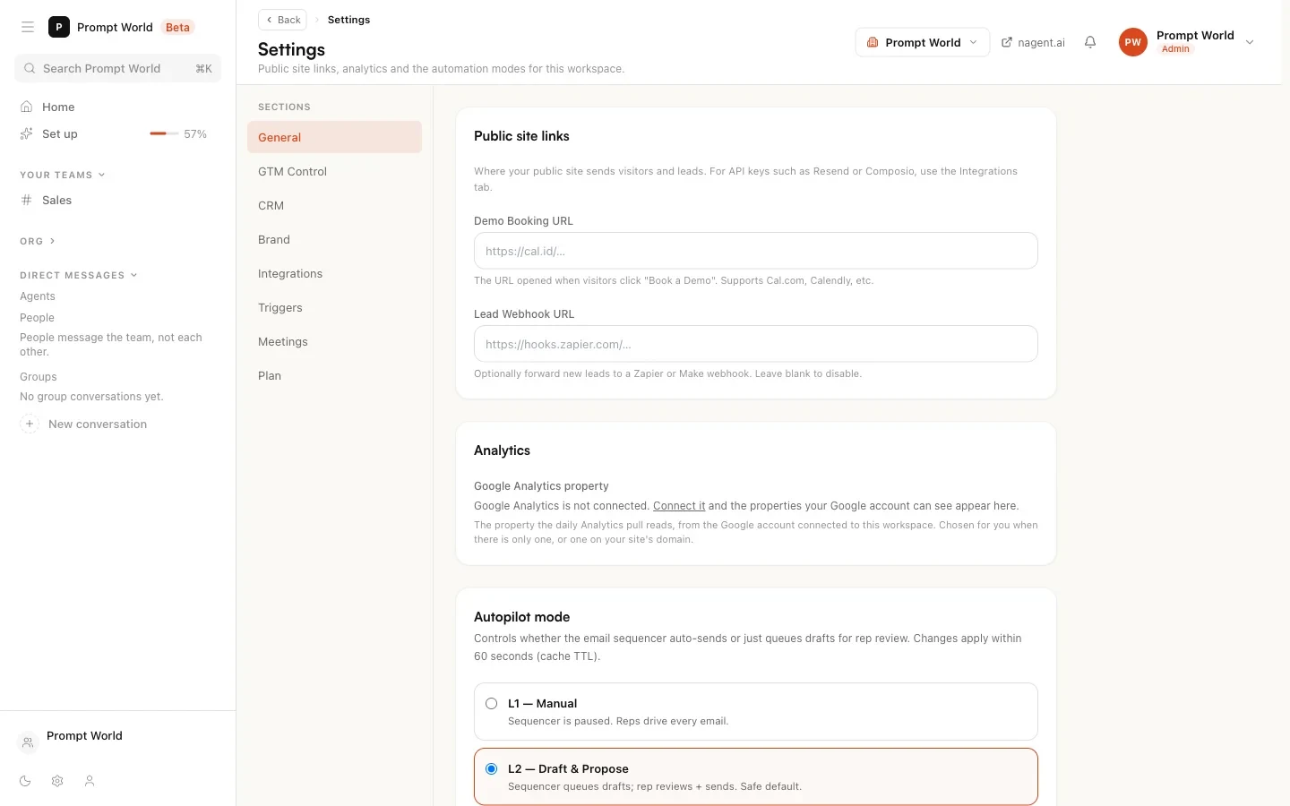 Settings, General, where the Demo Booking URL holds your booking link