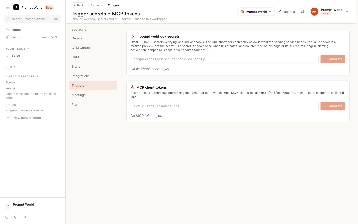 Settings, Triggers, with inbound webhook secrets and MCP client tokens